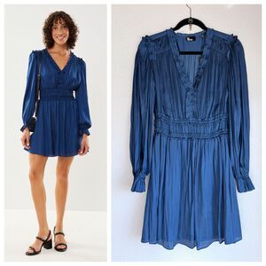 NEW The Kooples Long Sleeve Satin Ruffle VNeck Shirred Mini Dress in Navy Blue S